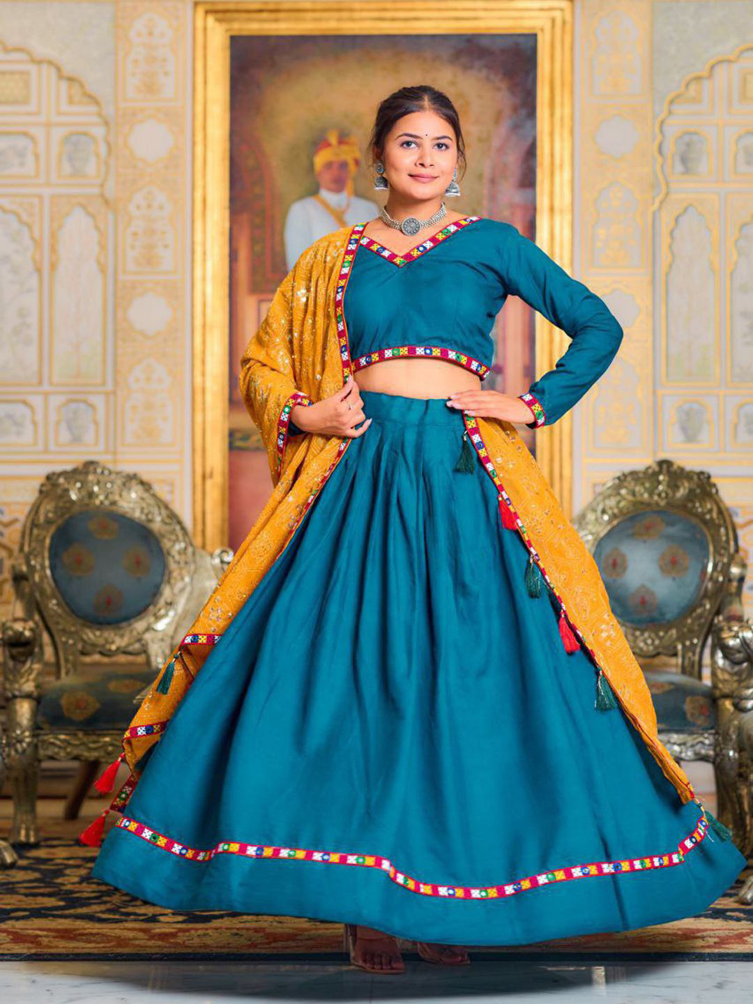 

ZIBLON Embroidered Mirror Work Ready to Wear Lehenga & Blouse With Dupatta, Blue
