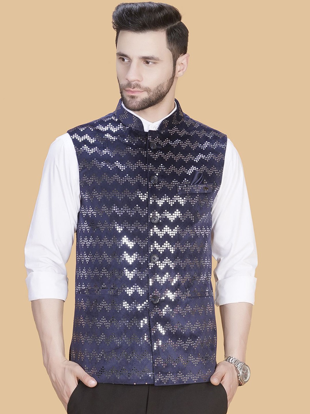 

LA'SCOOT Embellished Nehru Jacket, Blue