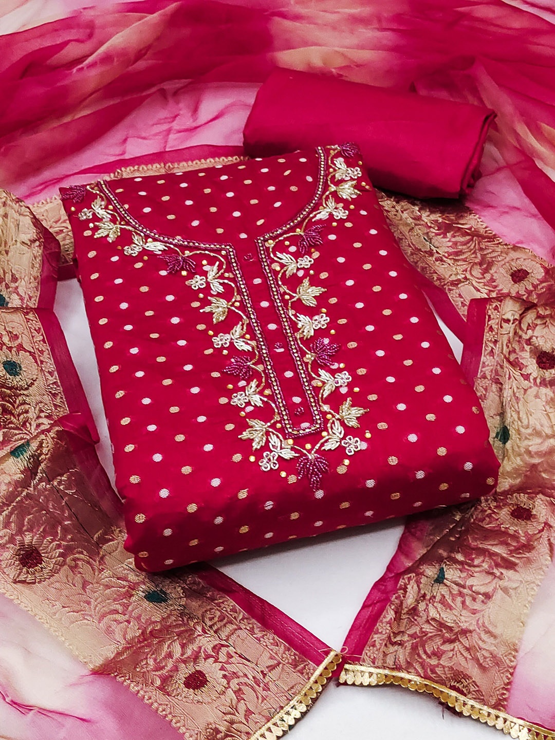 

Ishin Pink & Gold-Toned Ethnic Motifs Woven Design Unstitched Dress Material