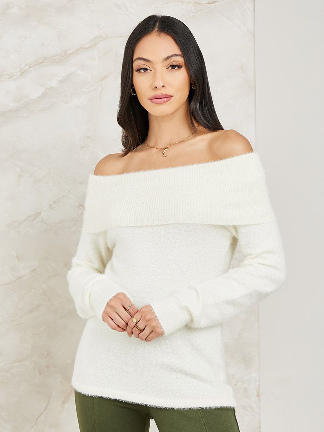 

Styli Women Regular Fit Fuzzy Yarn Off Shoulder Neck Sweater, Off white