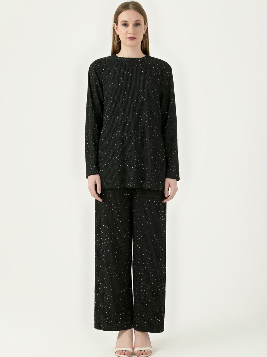 

Albion By CnM Printed Round Nec Long Sleeves Top With Trousers, Black