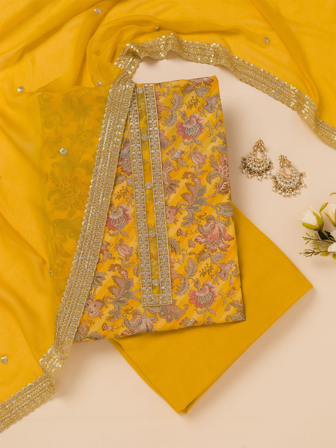 

Koskii Floral Printed Sequinned Unstitched Dress Material, Yellow