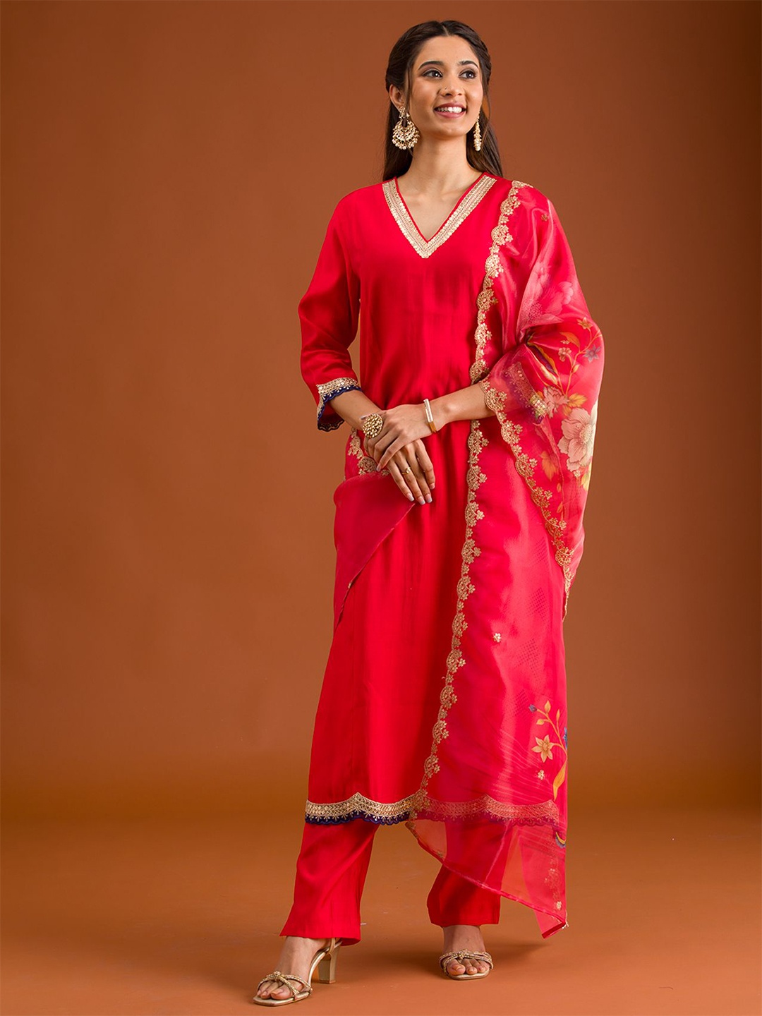 

Koskii Sequinned A-Line Kurta With Trouser & Dupatta, Red