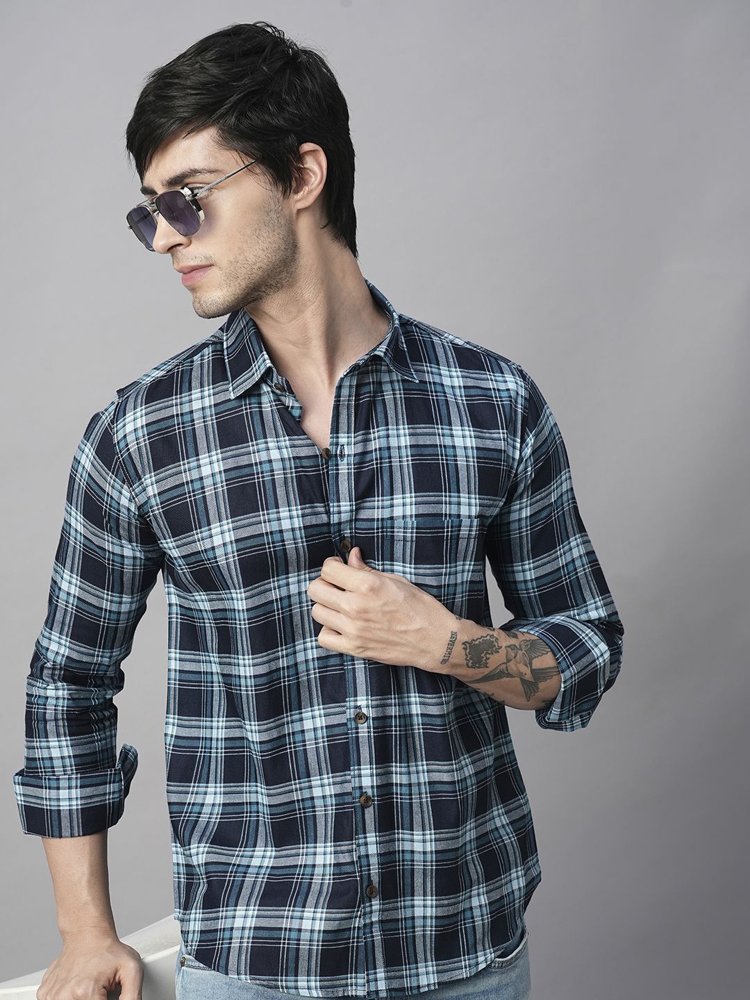 

TRYBUY.IN Men Standard Spread Collar Buffalo Checked Cotton Casual Shirt, Navy blue