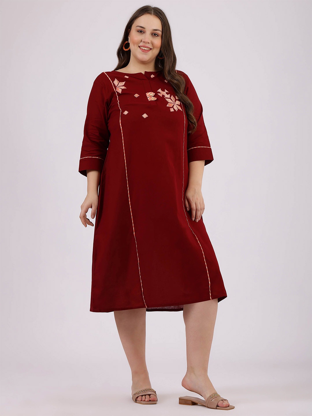 

Curvy Lane Women Embroidered A-Line Midi Ethnic Print Dress, Maroon