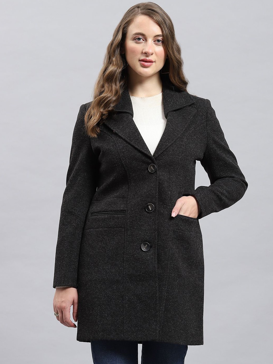 

Monte Carlo Notched Lapel Collar Longline Over Coat, Grey