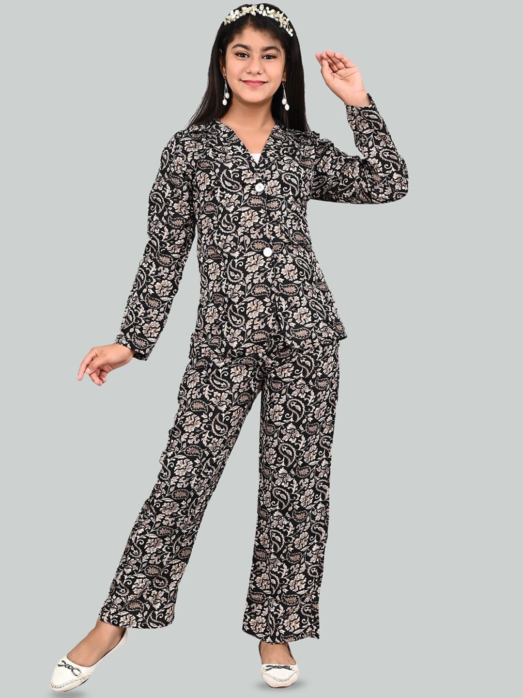 

FELLAMO Girls Floral Printed Coat With Trousers, Black