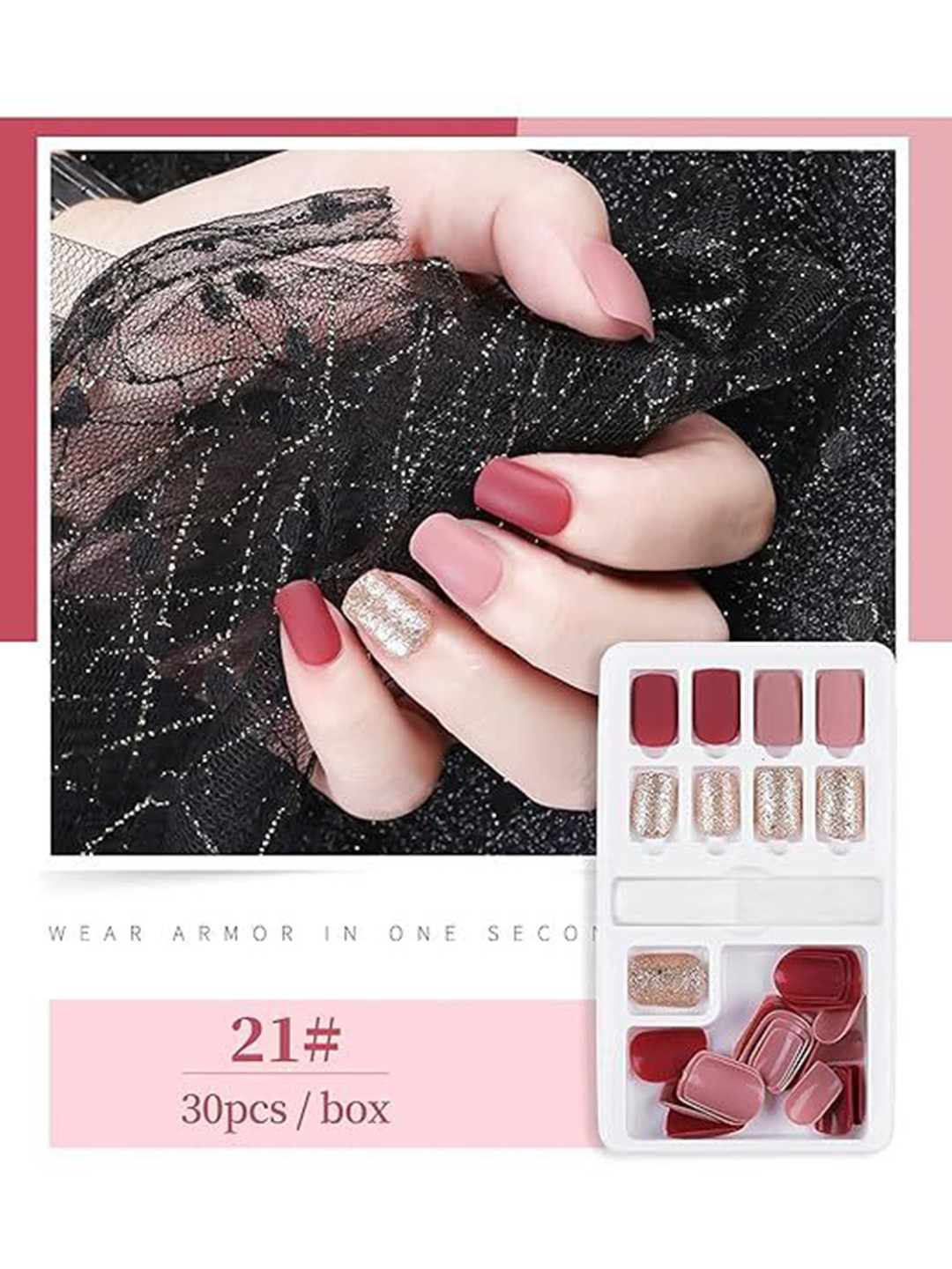 

Coslifestore Set Of 30 Artificial Press On Nails With Glitter Design- Red & Pink