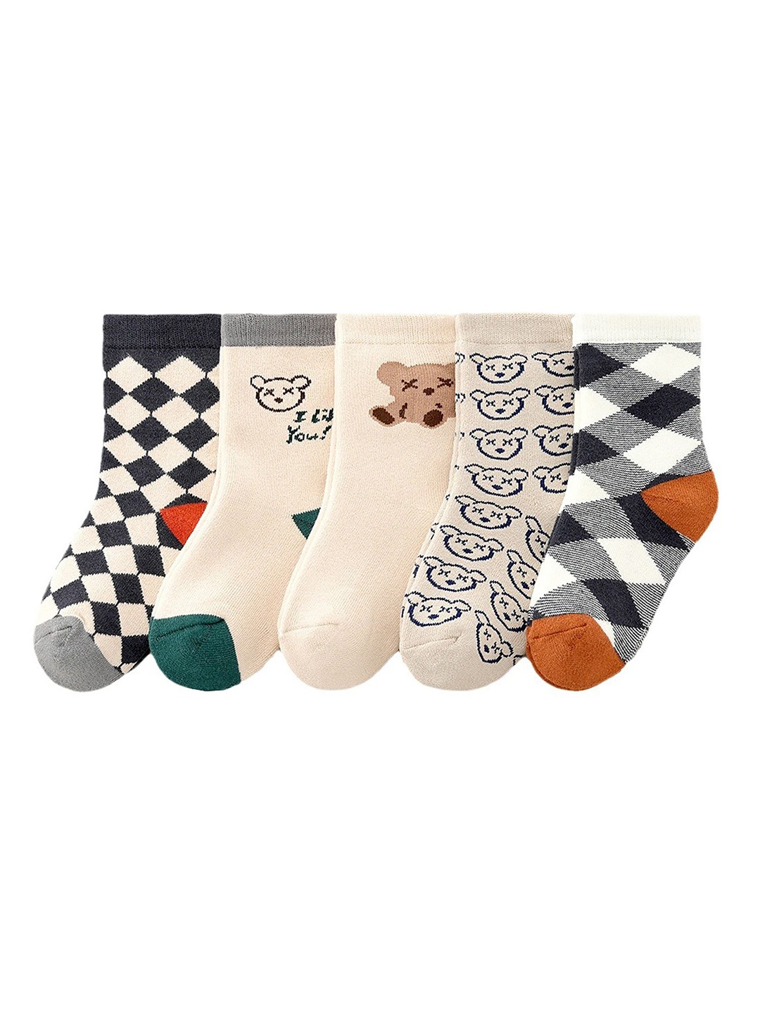 

SYGA Infants Pack Of 5 Bear Design Patterned Cotton Above Ankle Length Socks, Beige