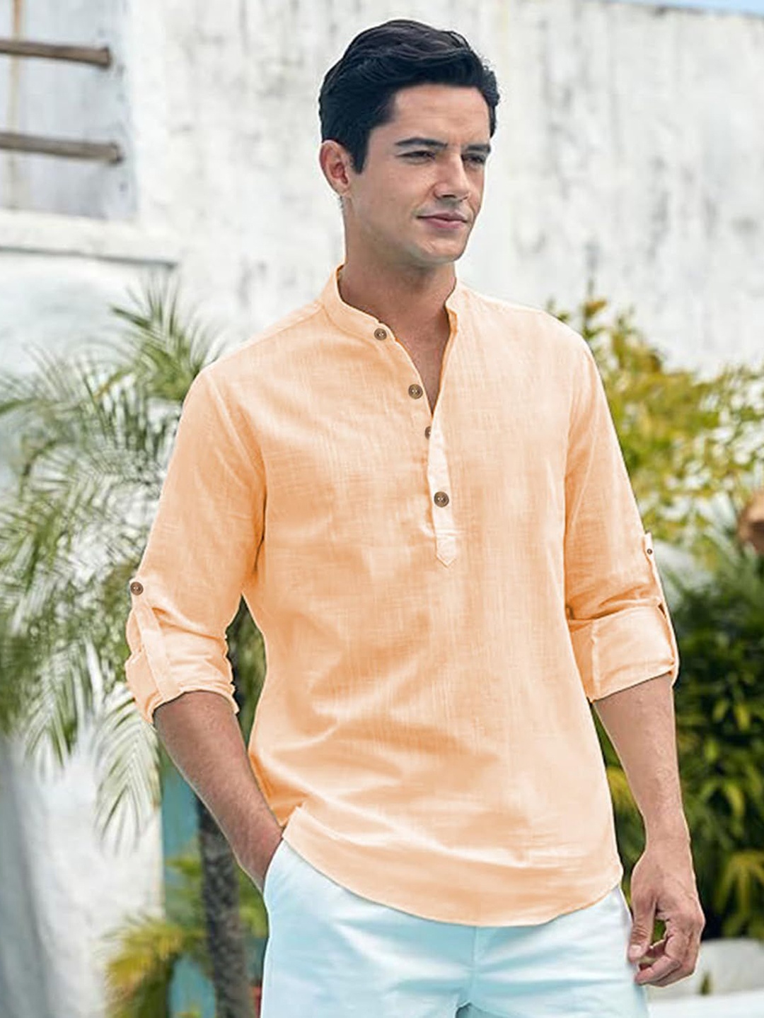 

Vida Loca Mandarin Collar Roll-Up Sleeves Straight Kurta, Orange