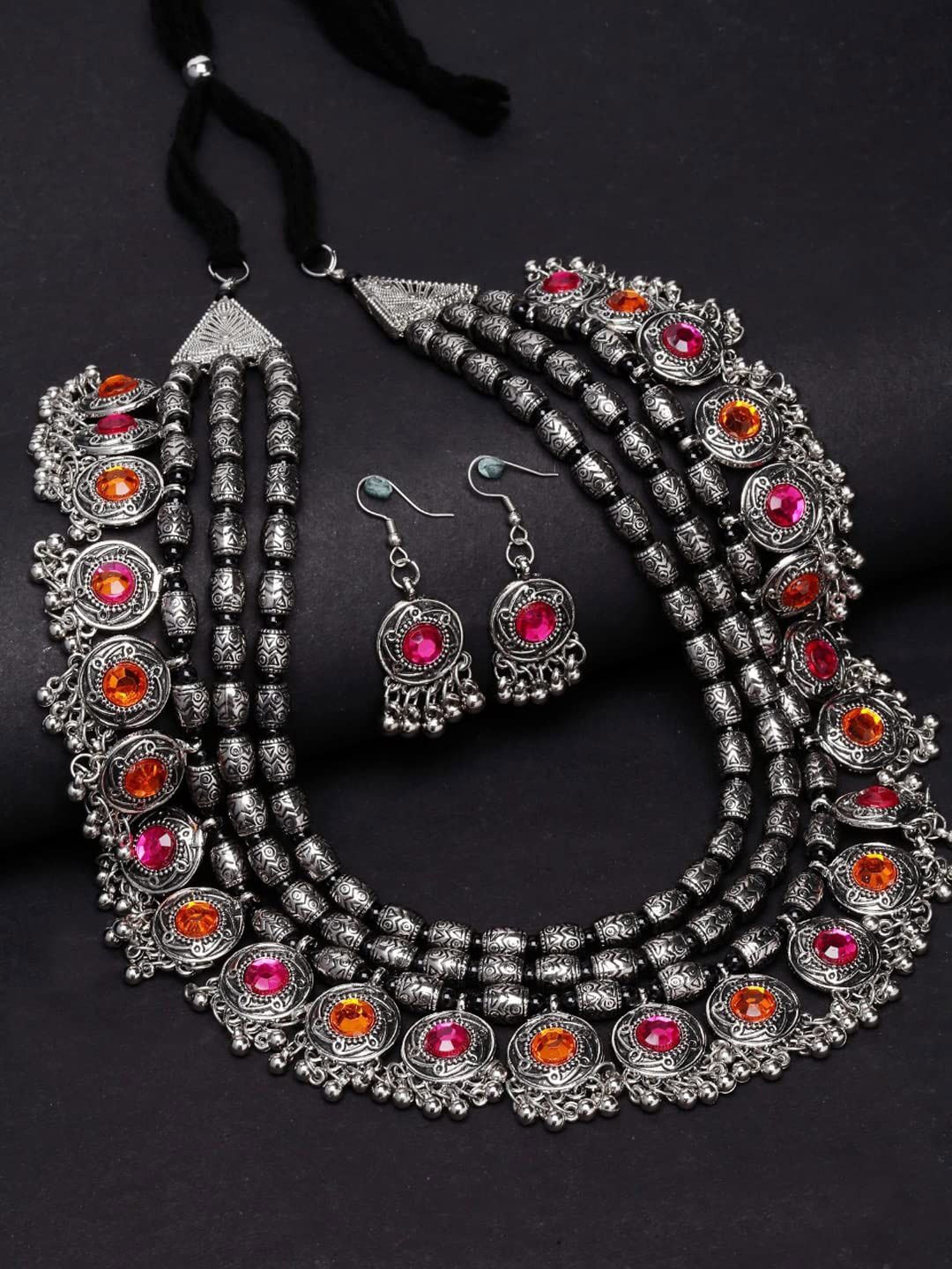 

VAGHBHATT Silver Plated Oxidised Stones Studded Jewellery Set