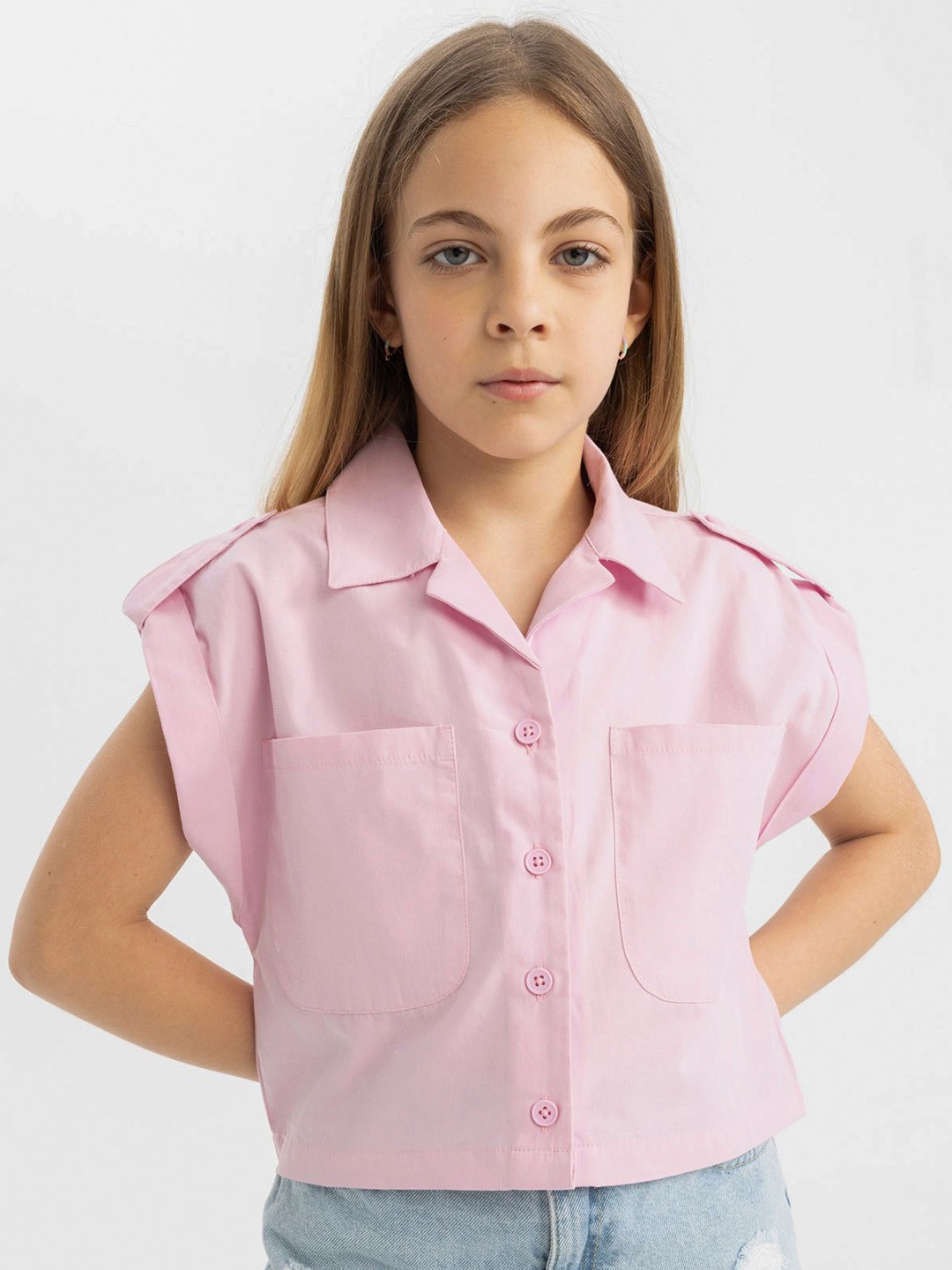 

DeFacto Girls Cuban Collar Solid Cotton Casual Shirt, Pink