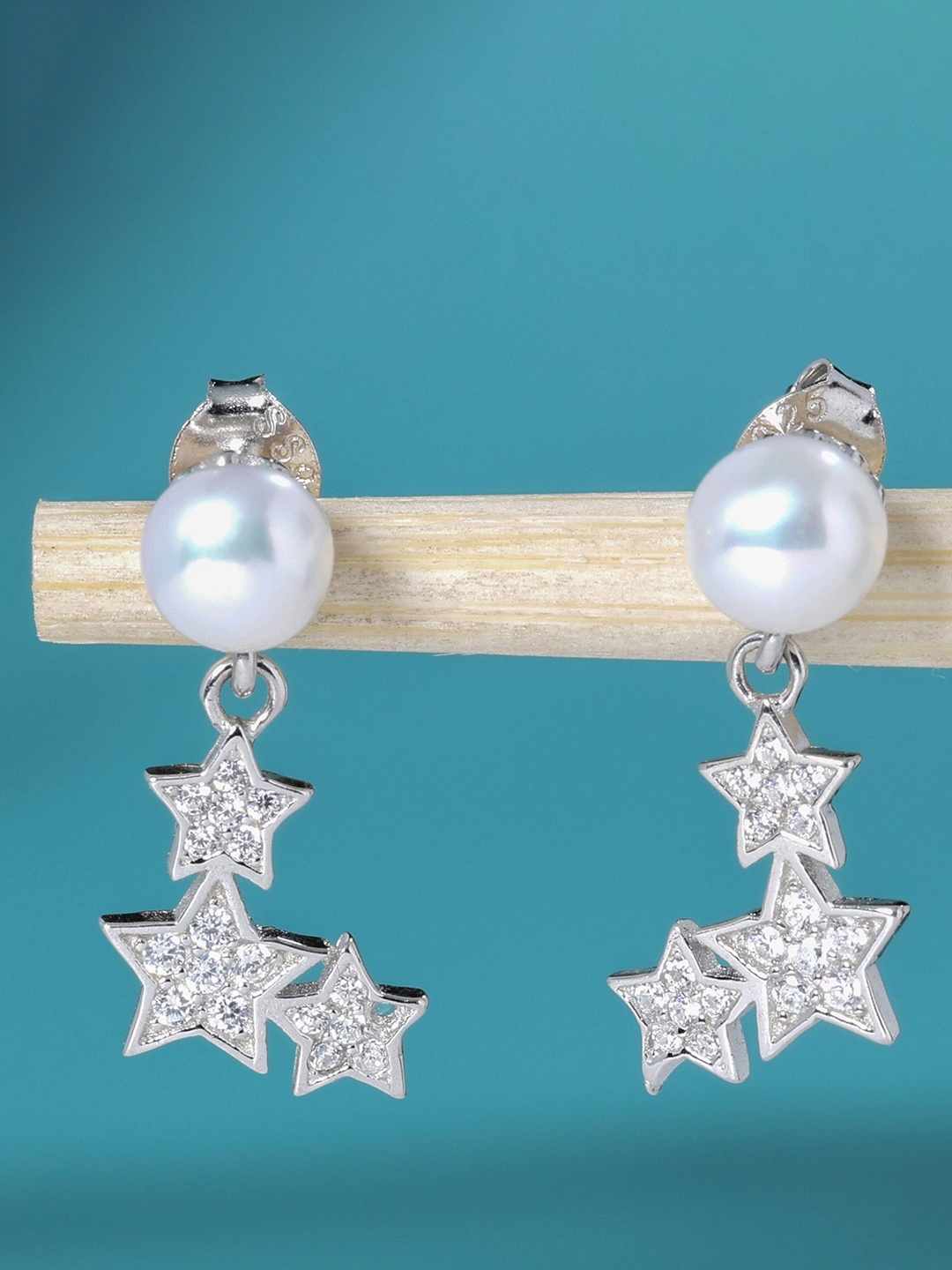 

DEESSA 925 Sterling Silver Rhodium Plated Pearl Beaded Falling Star Drop Earrings