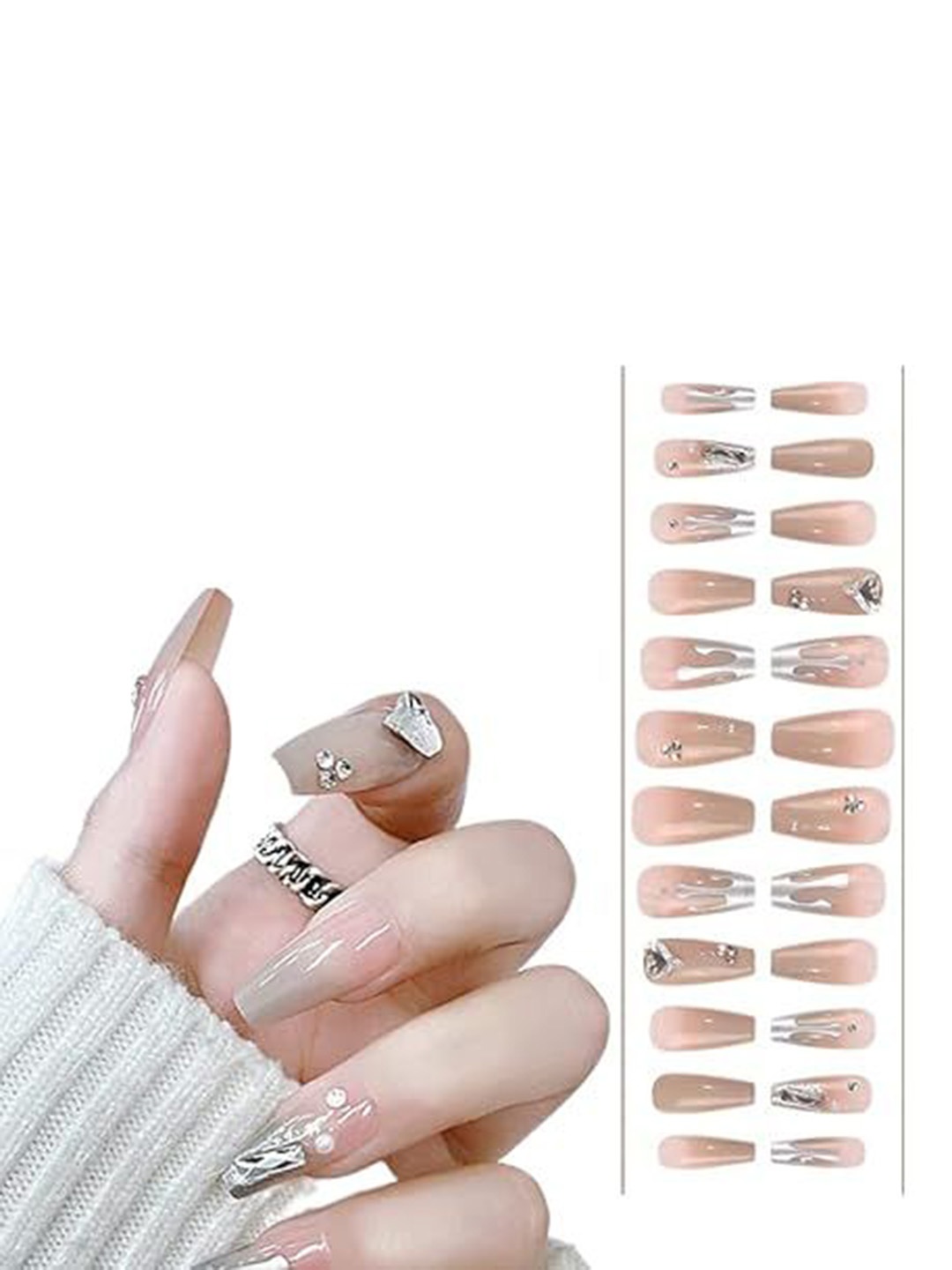 

Coslifestore 24 Pcs Press On Ready To Use Acrylic Gel Nails - Metallic & Nude 03