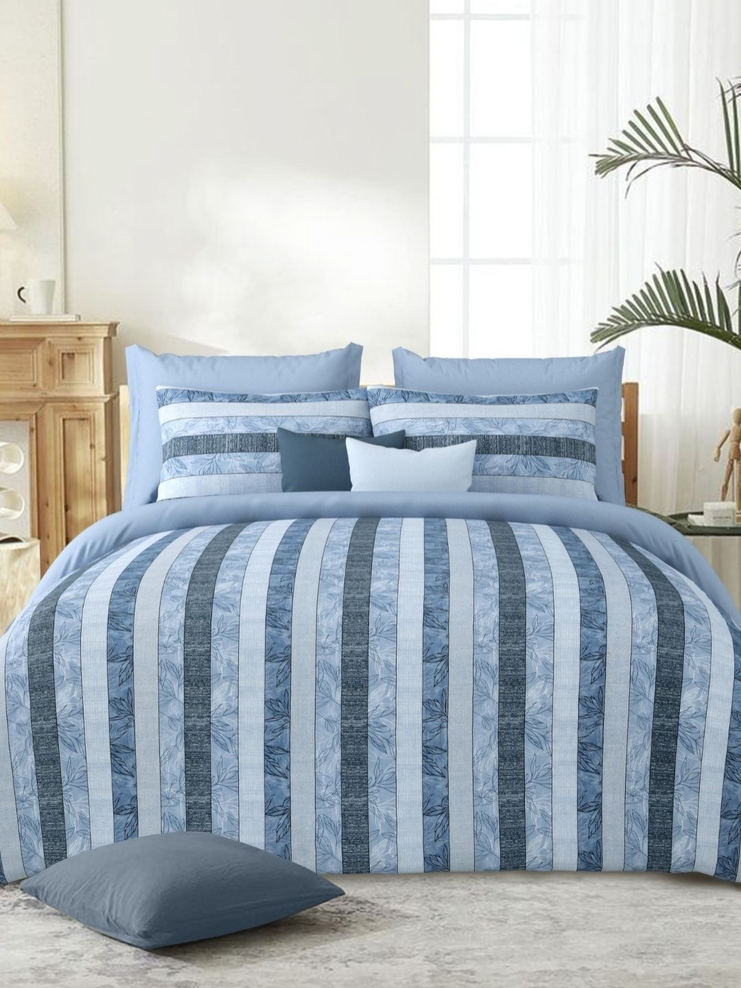 

Sparsh Blue & Grey Striped 180 TC King Bedsheet with 2 Pillow Covers
