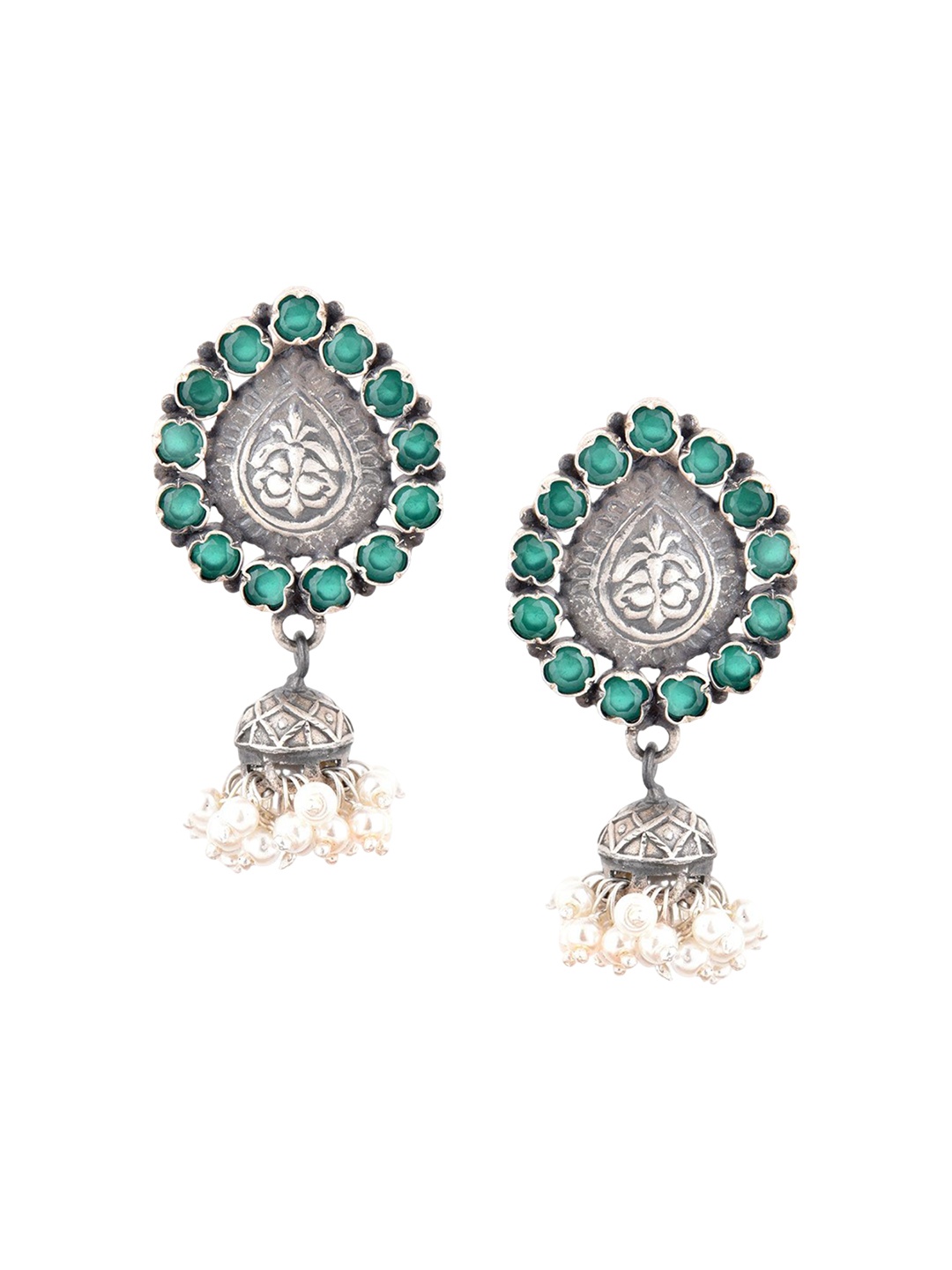 

Indianshelf 92.5 Sterling Silver Contemporary Artificial Stones & Beads Studded Jhumkas