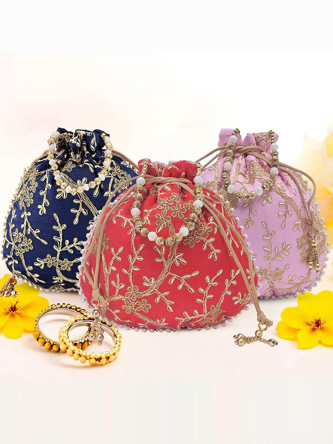 

Kuber Industries Set of 3 Embroidered Potli Bags, Blue