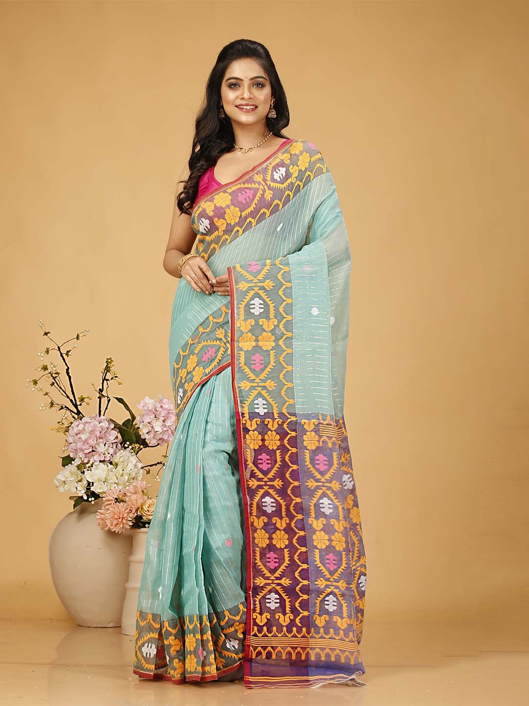 

SLAGHA Zari Woven Striped Jamdani Saree, Blue
