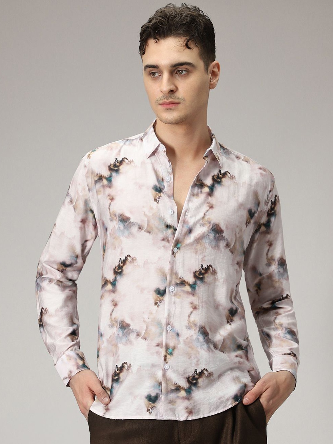 

Banana Club Men Classic Slim Fit Opaque Printed Casual Shirt, Pink