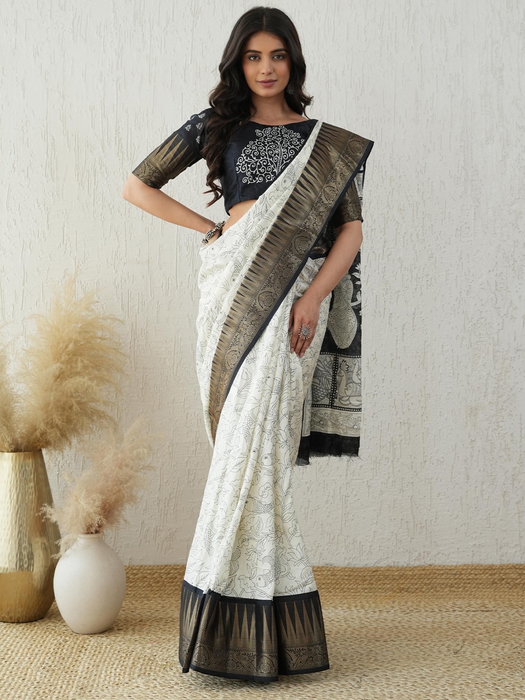 

Sangria Printed Kalamkari Saree, White