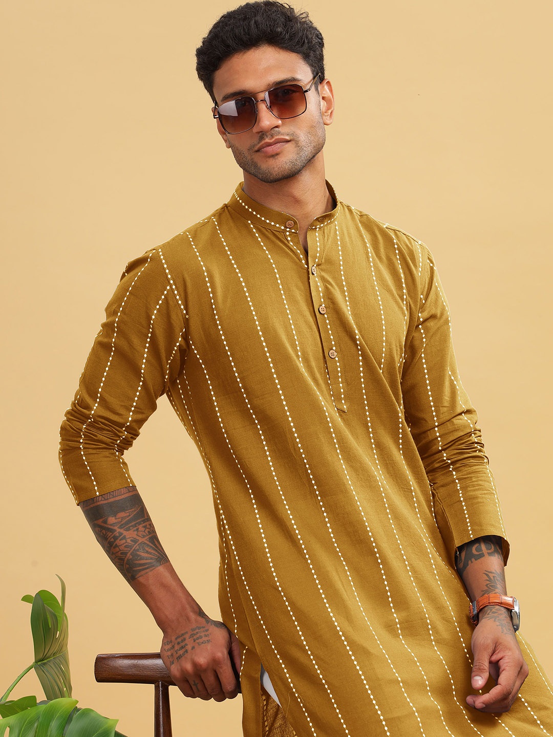 

Anouk Yellow Striped Band Collar Cotton Straight Kurta