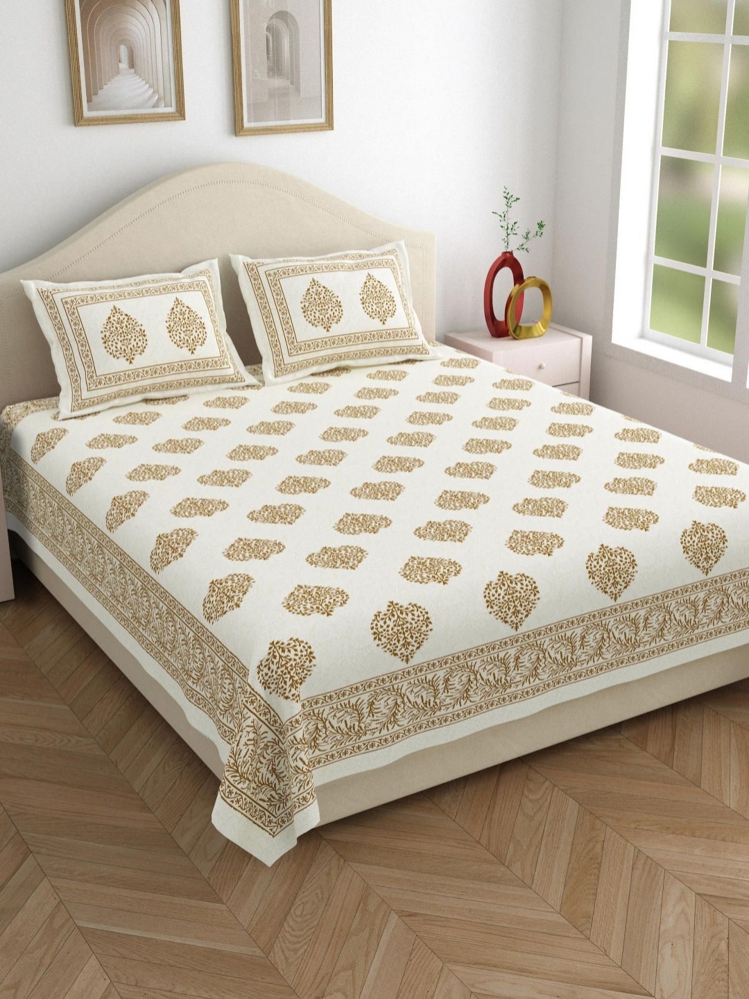 

Salona Bichona Brown & White EthnicMotifs Cotton 120 TC Queen Bedsheet with 2 PillowCovers