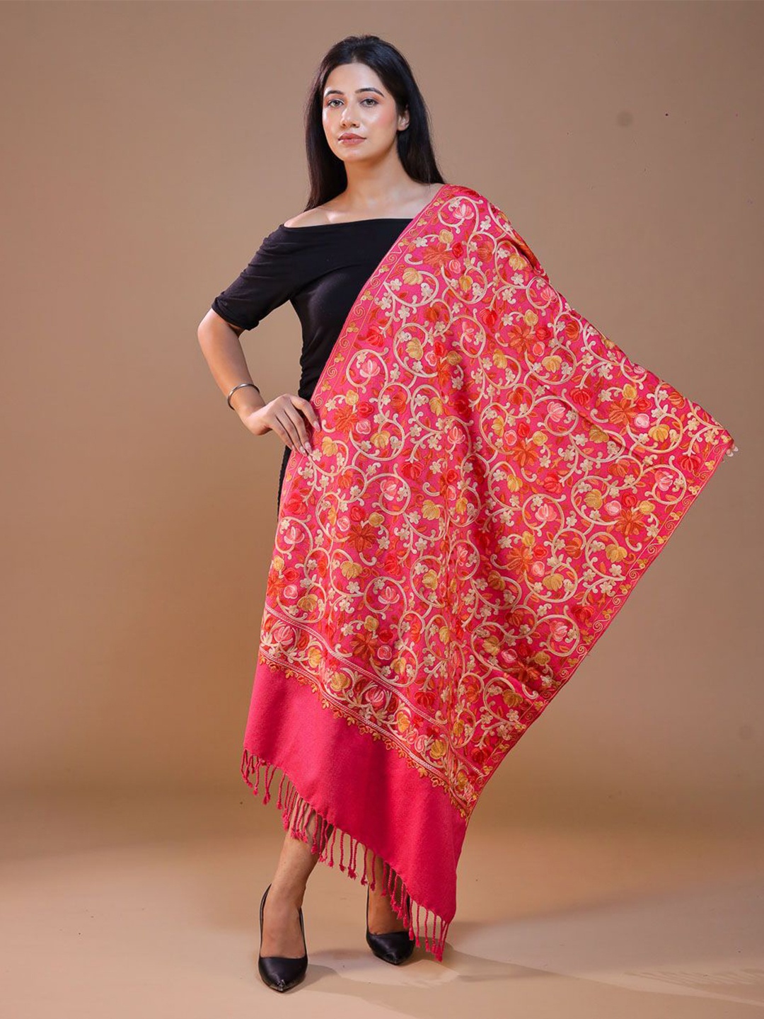 

SWI Stylish Women Ethnic Motifs Embroidered Woolen Stole, Pink