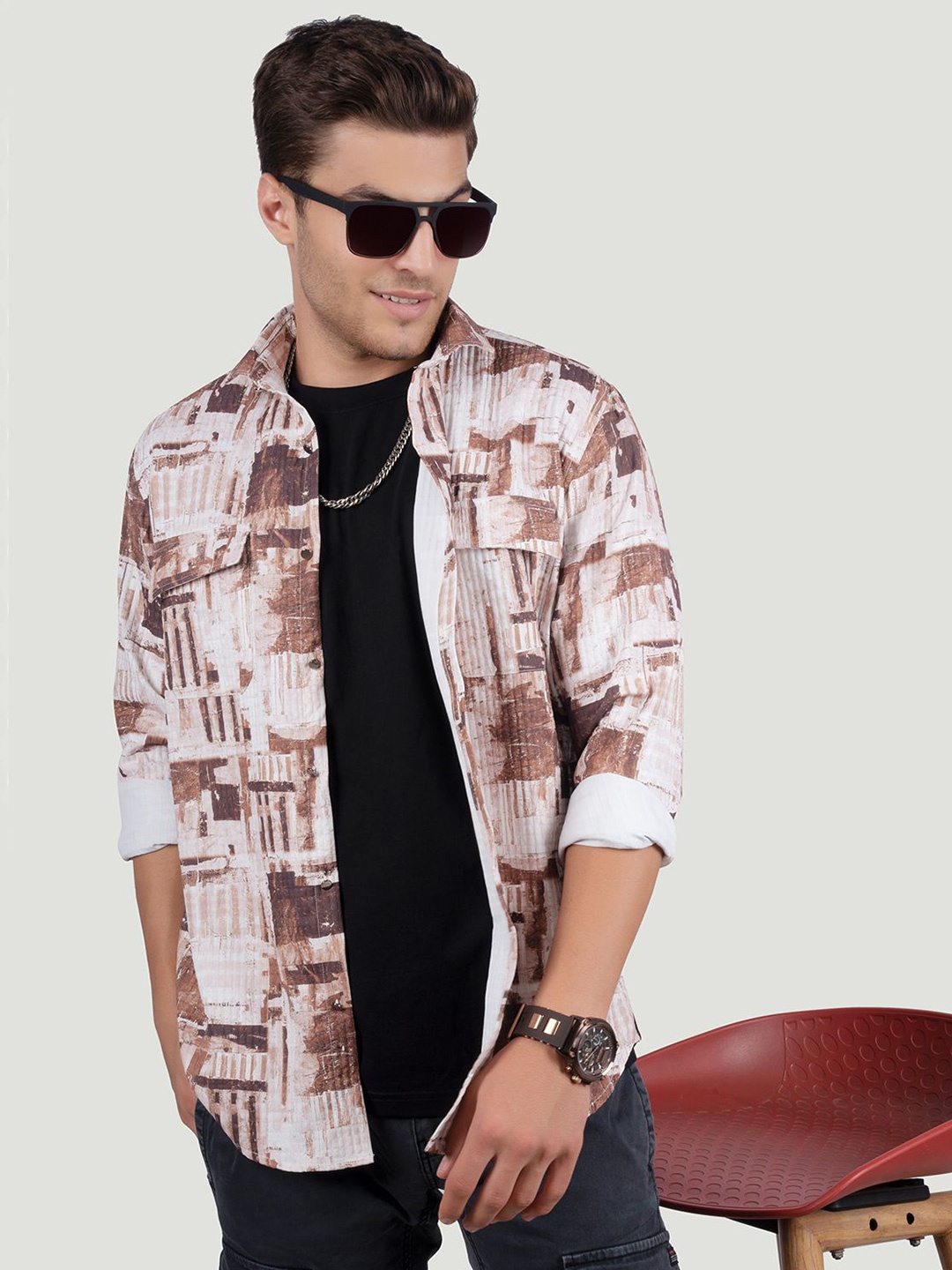 

ALMATY Men Comfort Spread Collar Graphic Printed Cotton Slim Fit Party Shirt, Brown