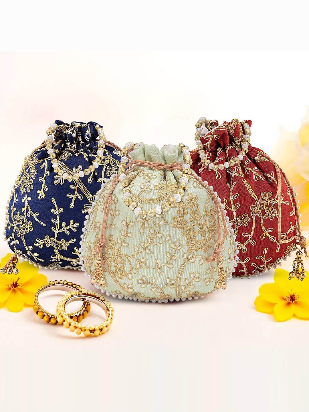 

Kuber Industries Set Of 3 Embroidered Potli Clutch, Blue