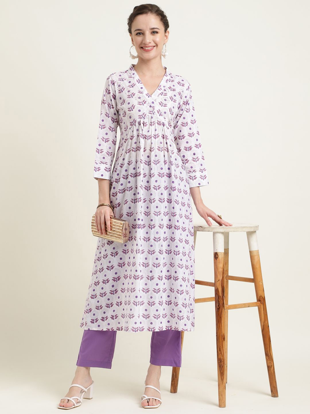 

ZARI Ethnic Motifs Printed Pure Cotton Anarkali Kurta with Trousers, White
