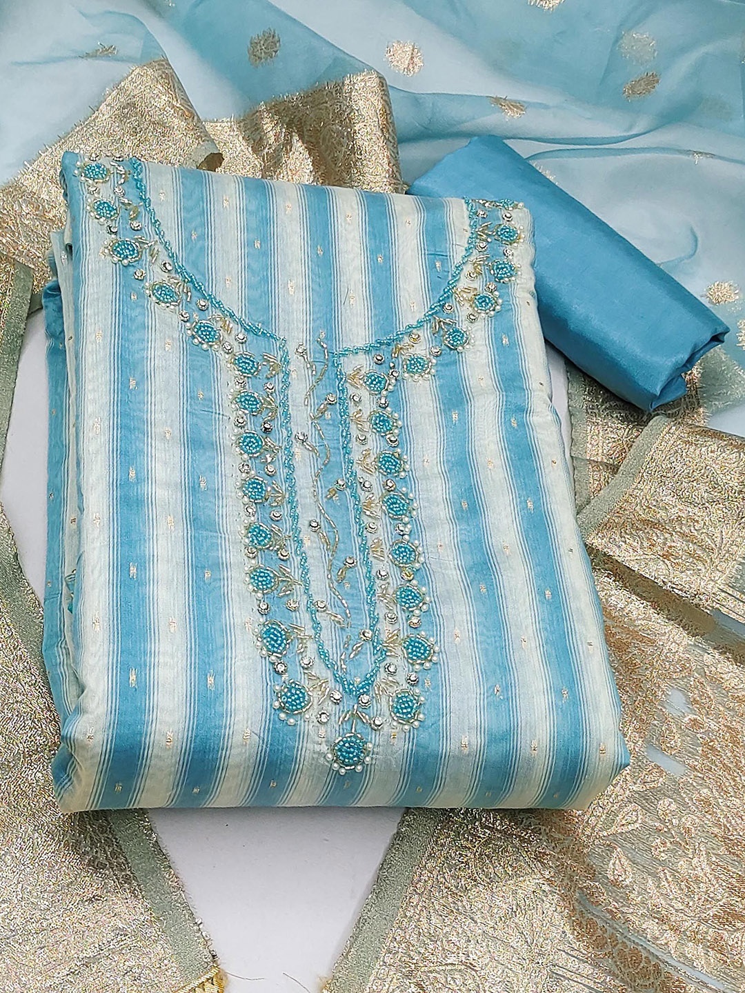 

Ishin Unstitched Beads & Stones Dress Material, Blue