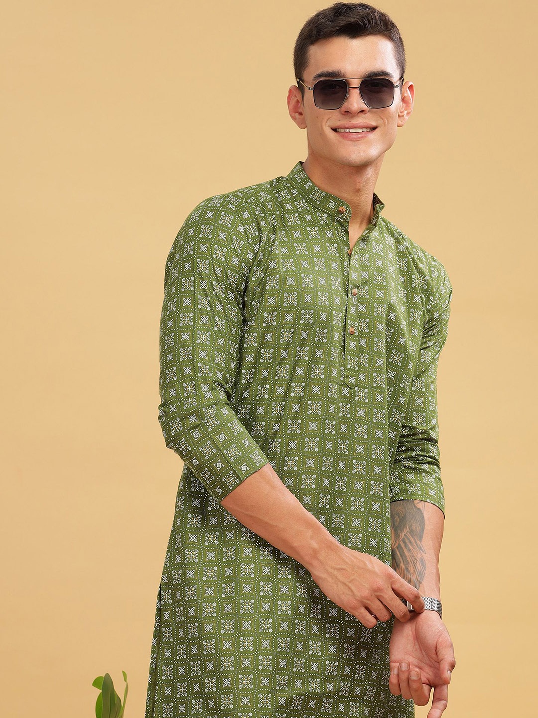 

Anouk Green Ethnic Motifs Printed Band Collar Cotton Straight Kurta
