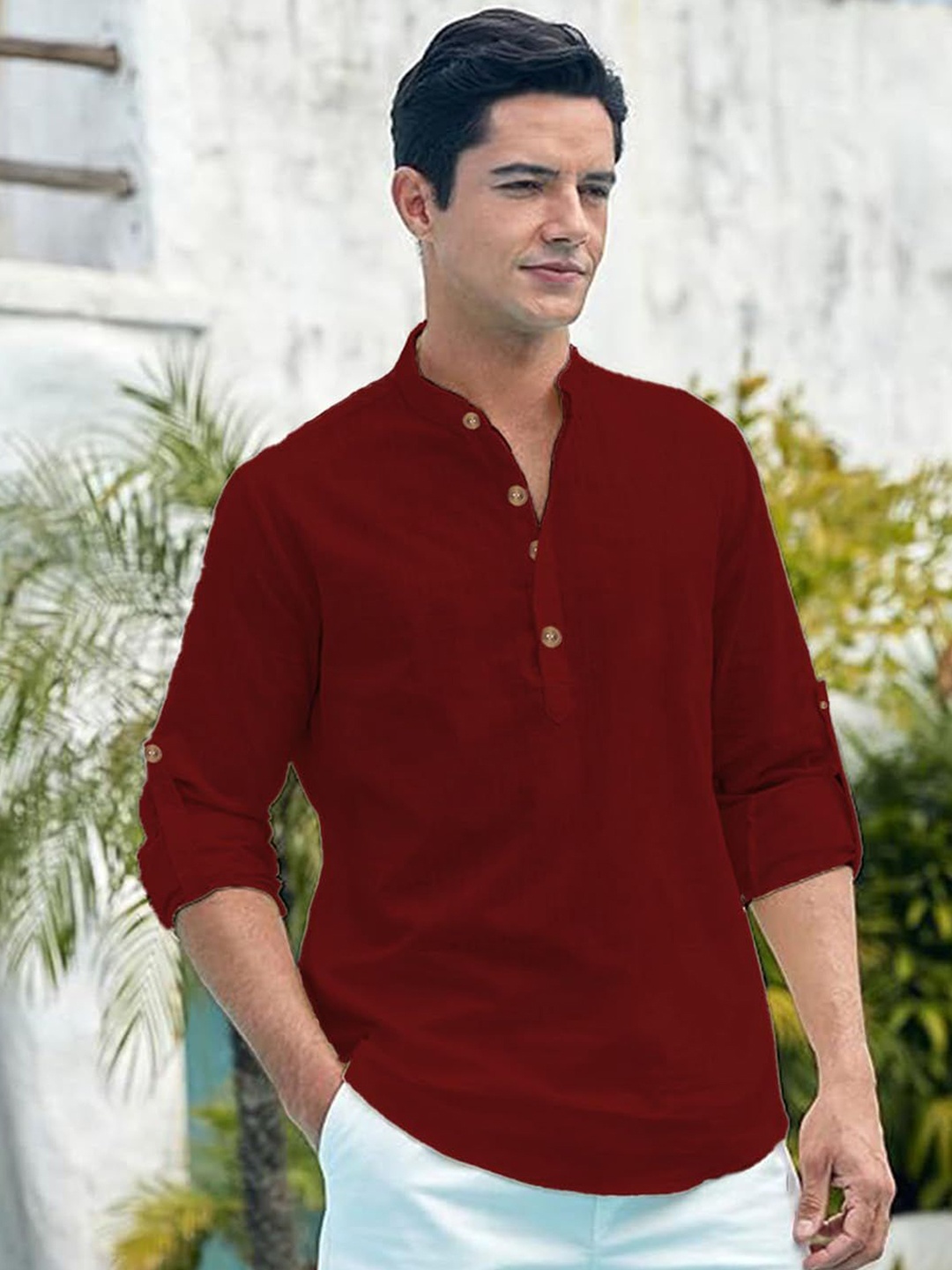 

Vida Loca Band Collar Slim Fit Cotton Straight Kurta, Maroon