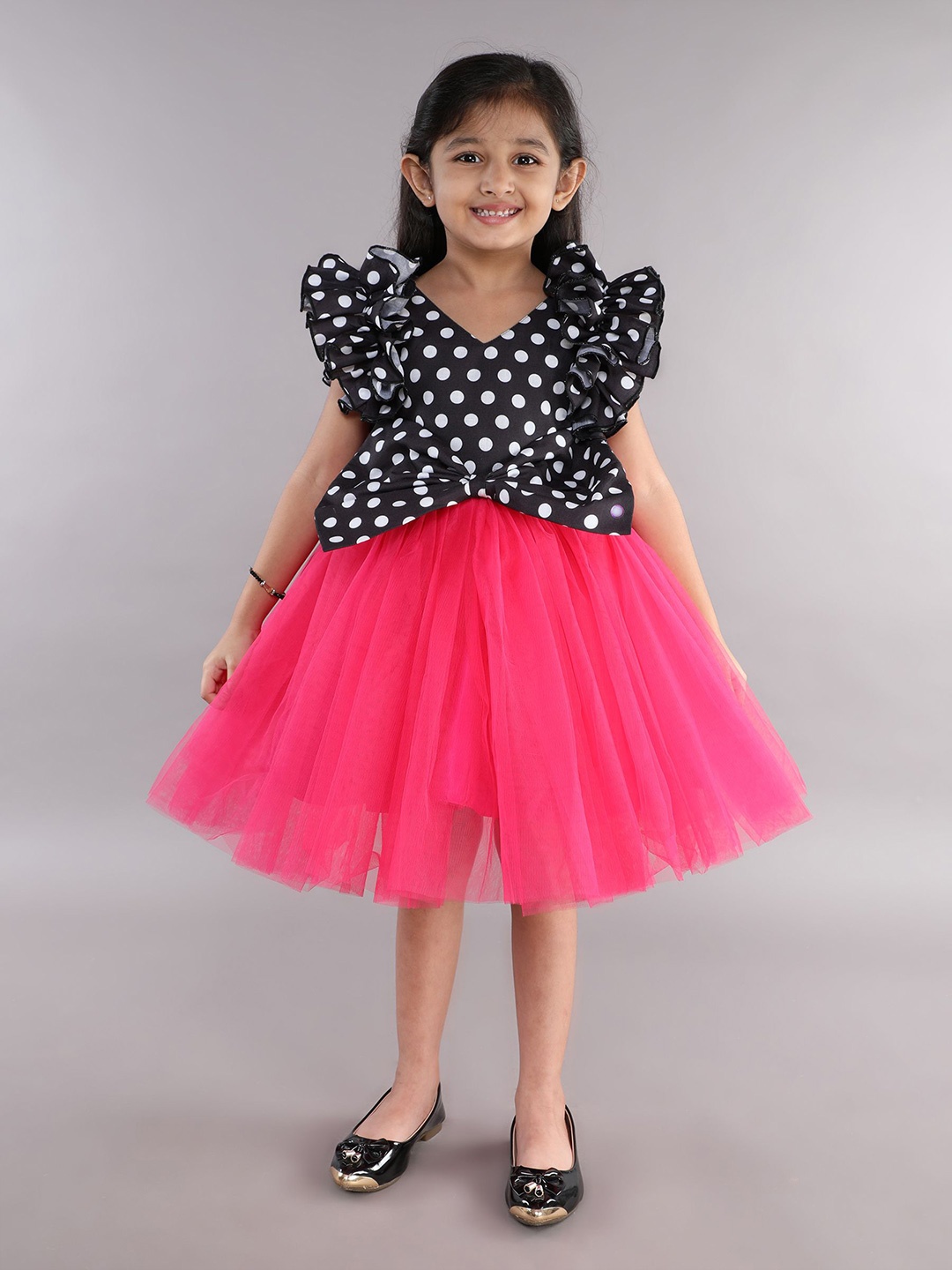 

Pink Chick Girls Polka Dot Printed Flutter Sleeve Net Fit & Flare Dress, Black