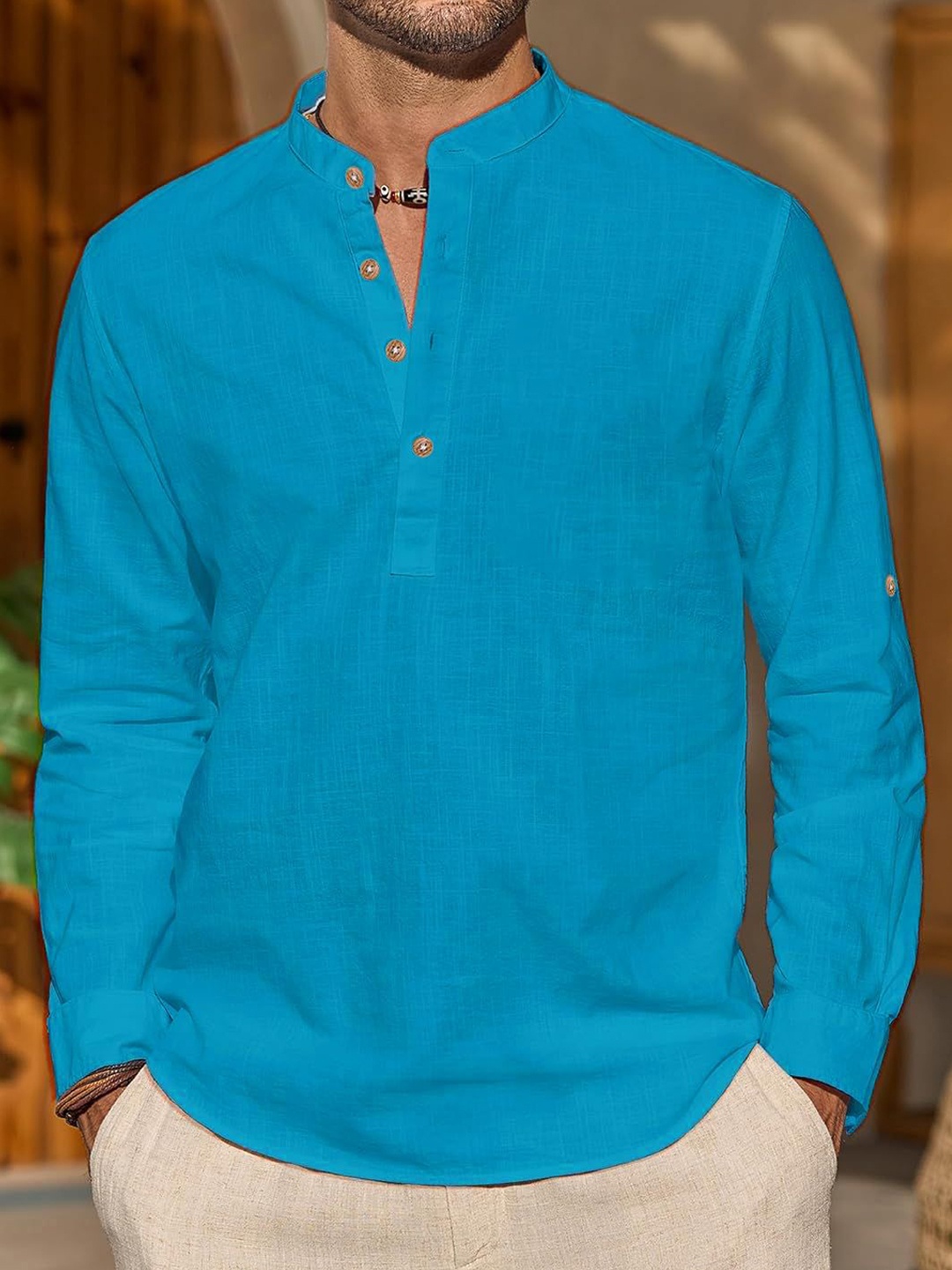 

Vida Loca Band Collar Pure Cotton Short Kurta, Blue