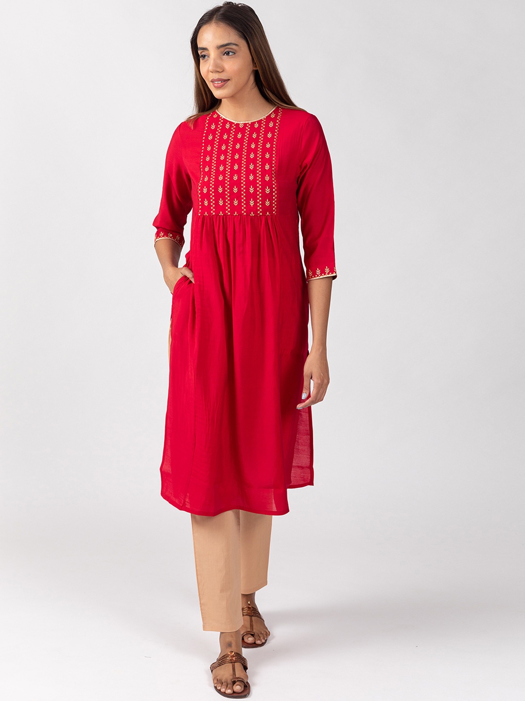 

HERE&NOW Red Floral Embroidered Straight Kurta