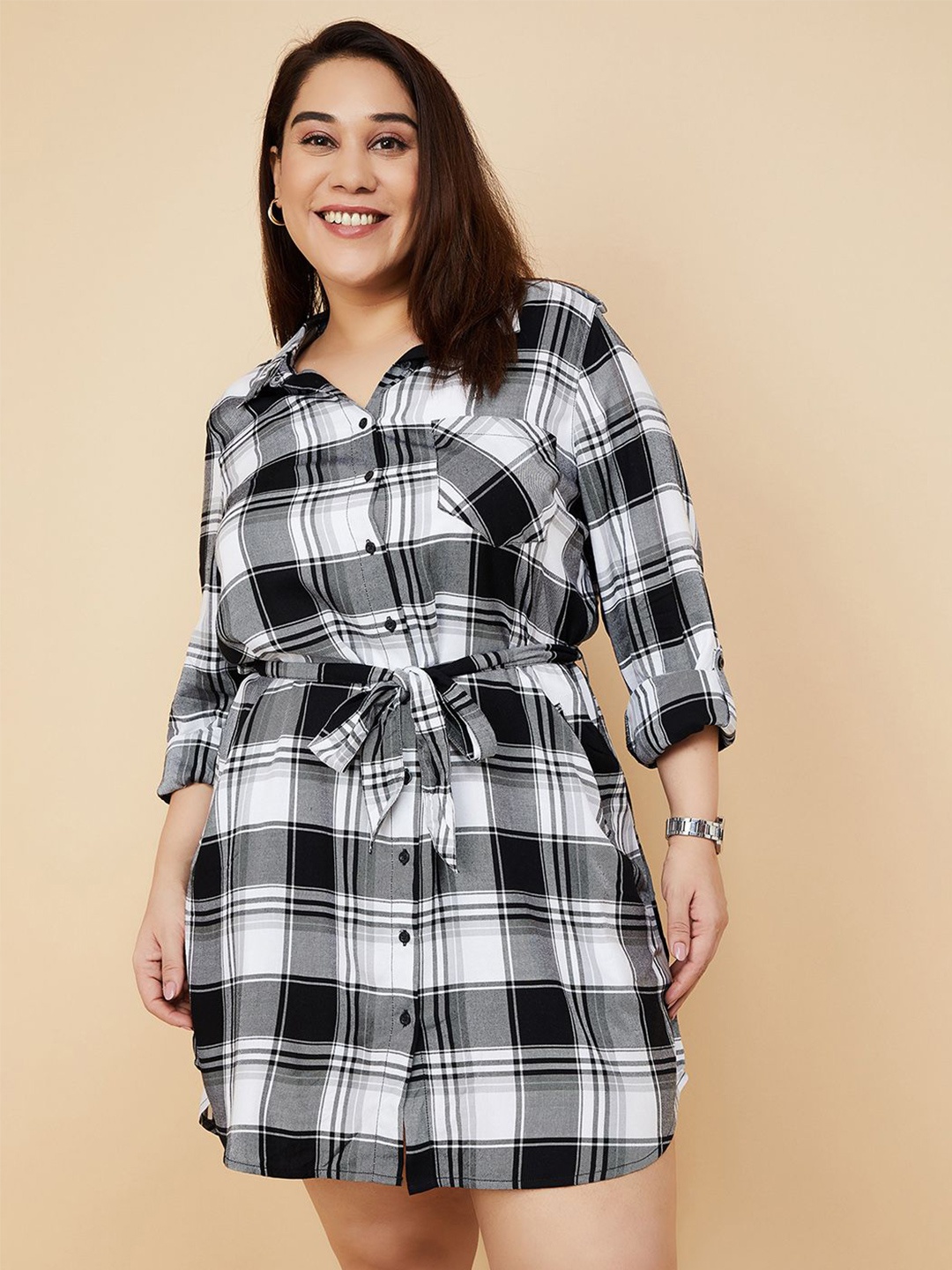 

max Shirt Collar Checked Tunic, Black