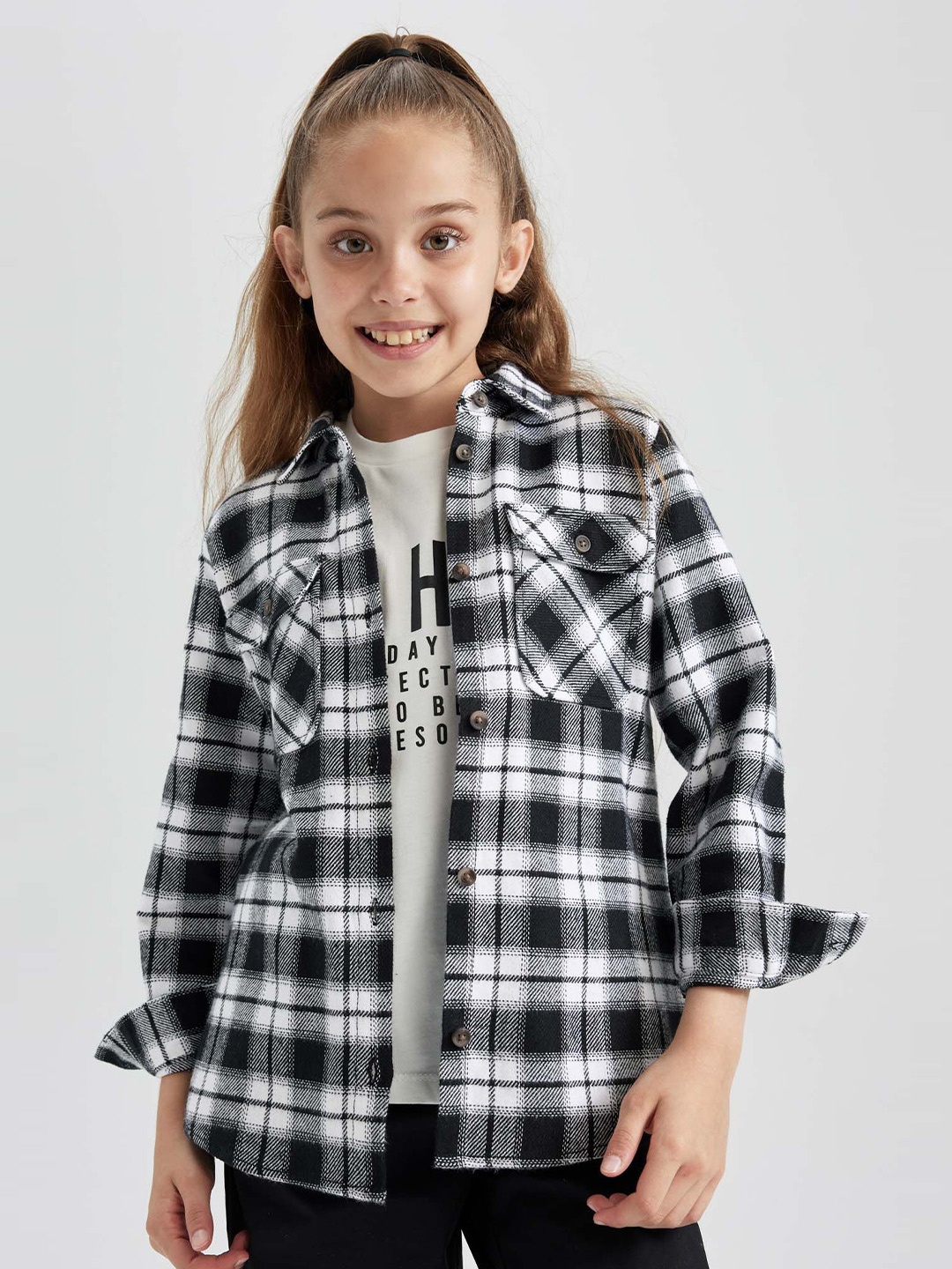 

DeFacto Girls Spread Collar Tartan Checked Cotton Casual Shirt, Na