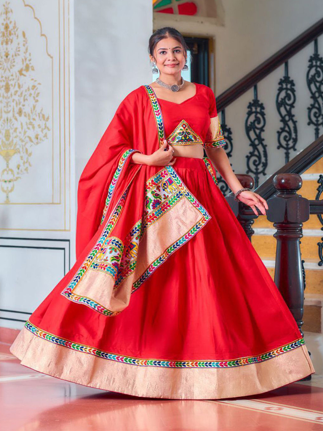 

ZIBLON Embroidered Patchwork Ready to Wear Lehenga & Blouse With Dupatta, Red