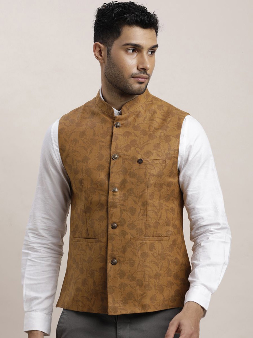 

Turtle Printed Nehru Jacket, Brown