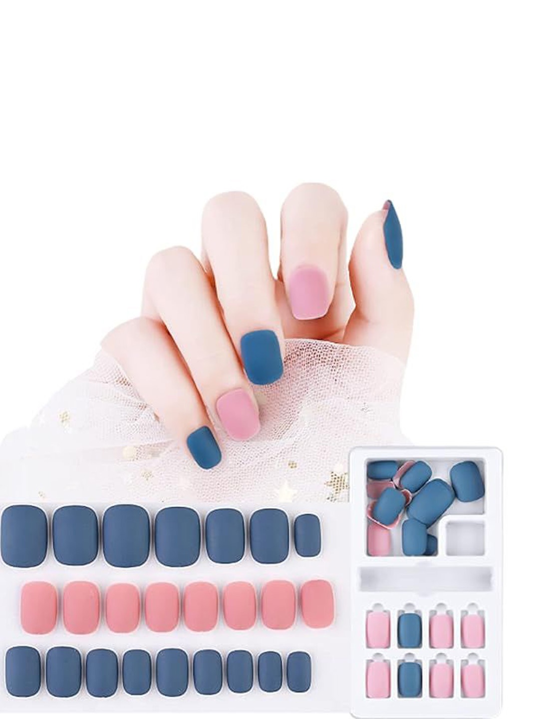 

Coslifestore 24-Pcs Acrylic Gel Matte Artificial Press-On Nails - Blue & Pink