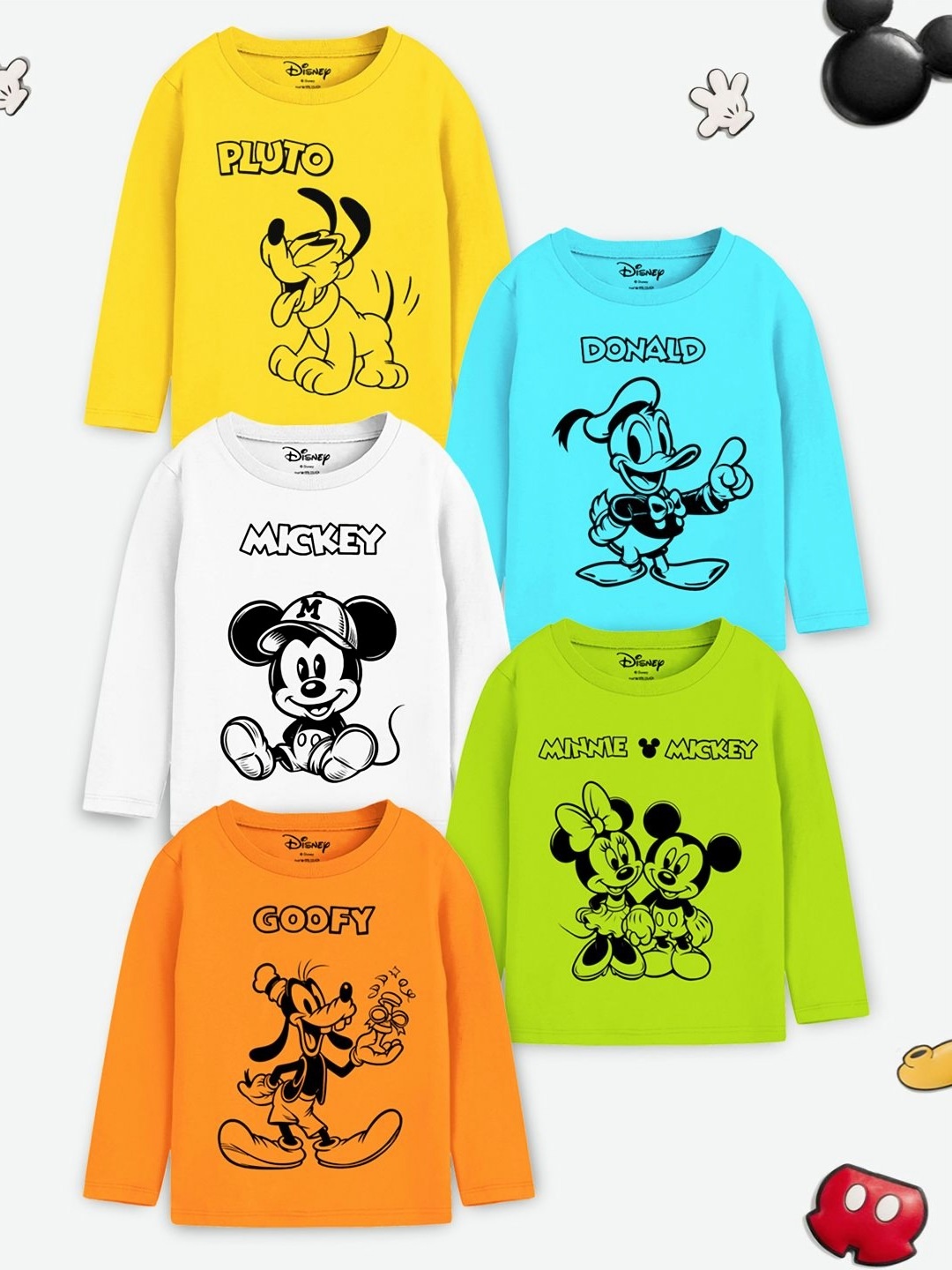 

YK Disney Kids Unisex Pack Of 5 Mickey & Friends Graphic Printed T-shirts, Yellow