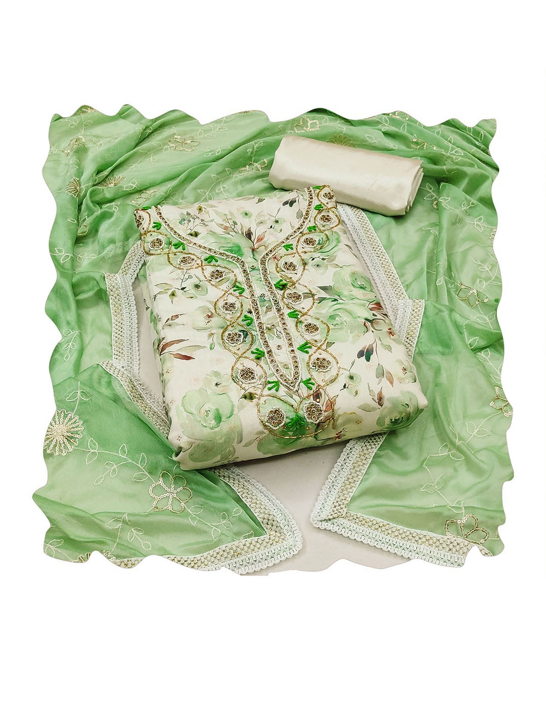 

Ishin Green Floral Embroidered Beads and Stones Unstitched Dress Material