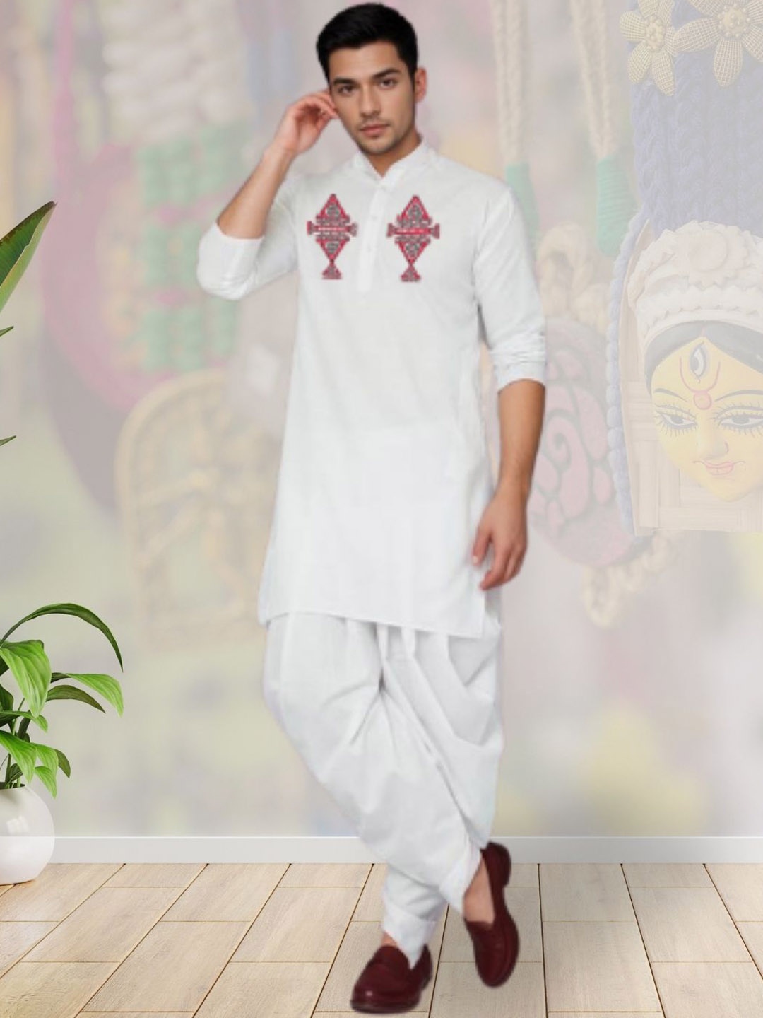 

DEVOILER Ethnic Motifs Printed Mandarin Collar Cotton Straight Kurta, White