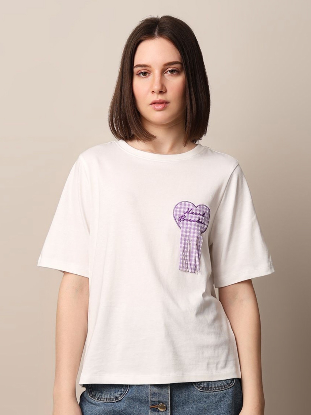 

ONLY Women Solid Round Neck Cotton T-shirt, White