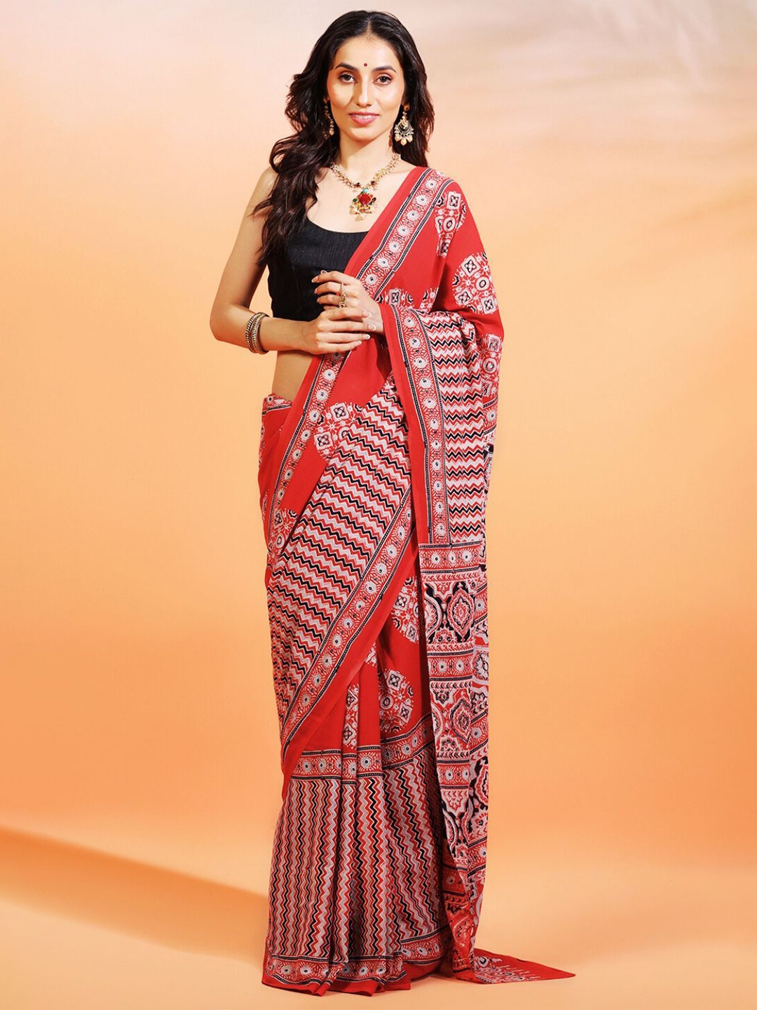 

ADITRI Handloom Handblock Printed Ajrakh Chanderi Silk Saree, Red
