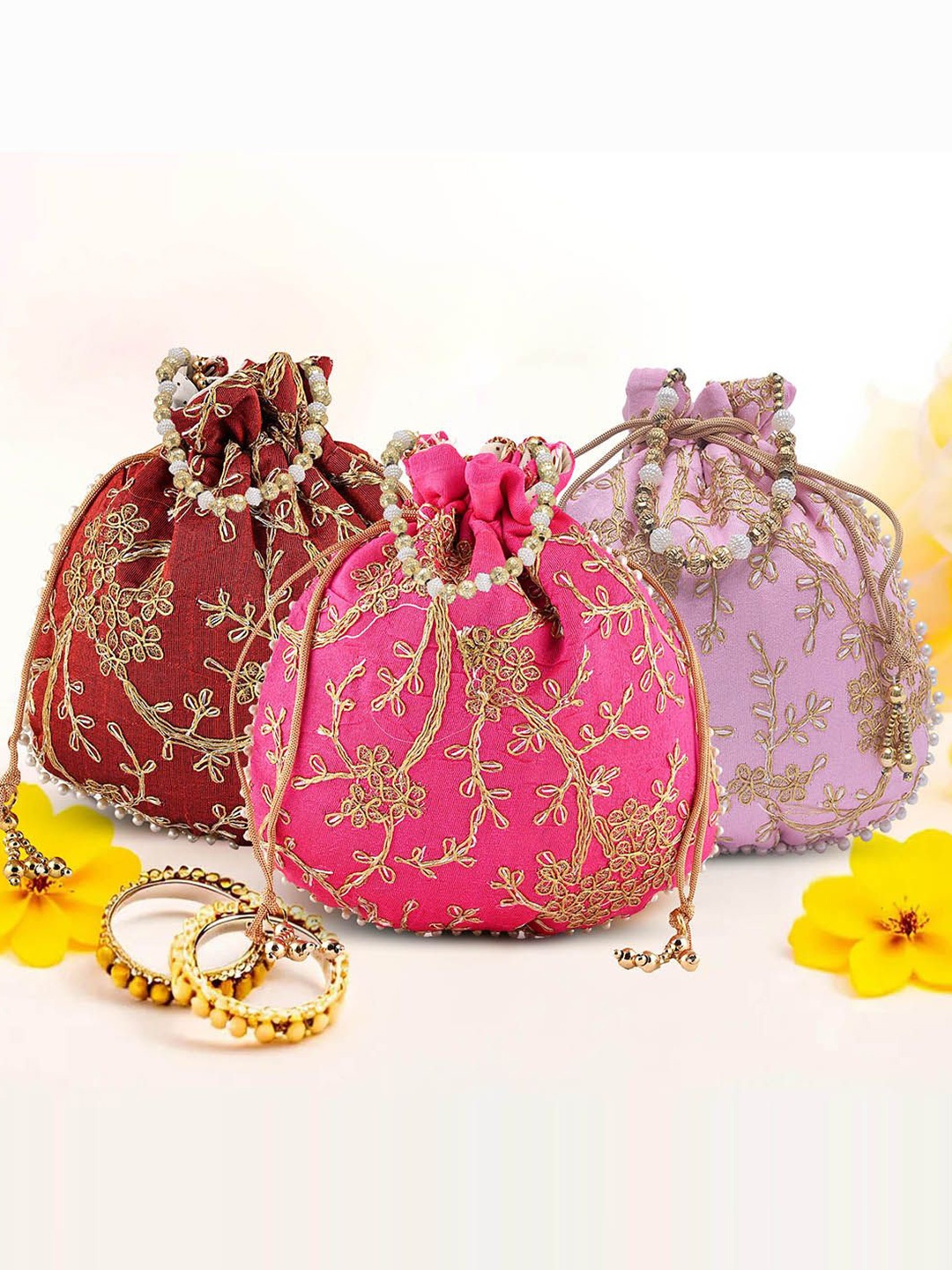 

Kuber Industries Set Of 3 Embroidered Potli Clutches, Pink