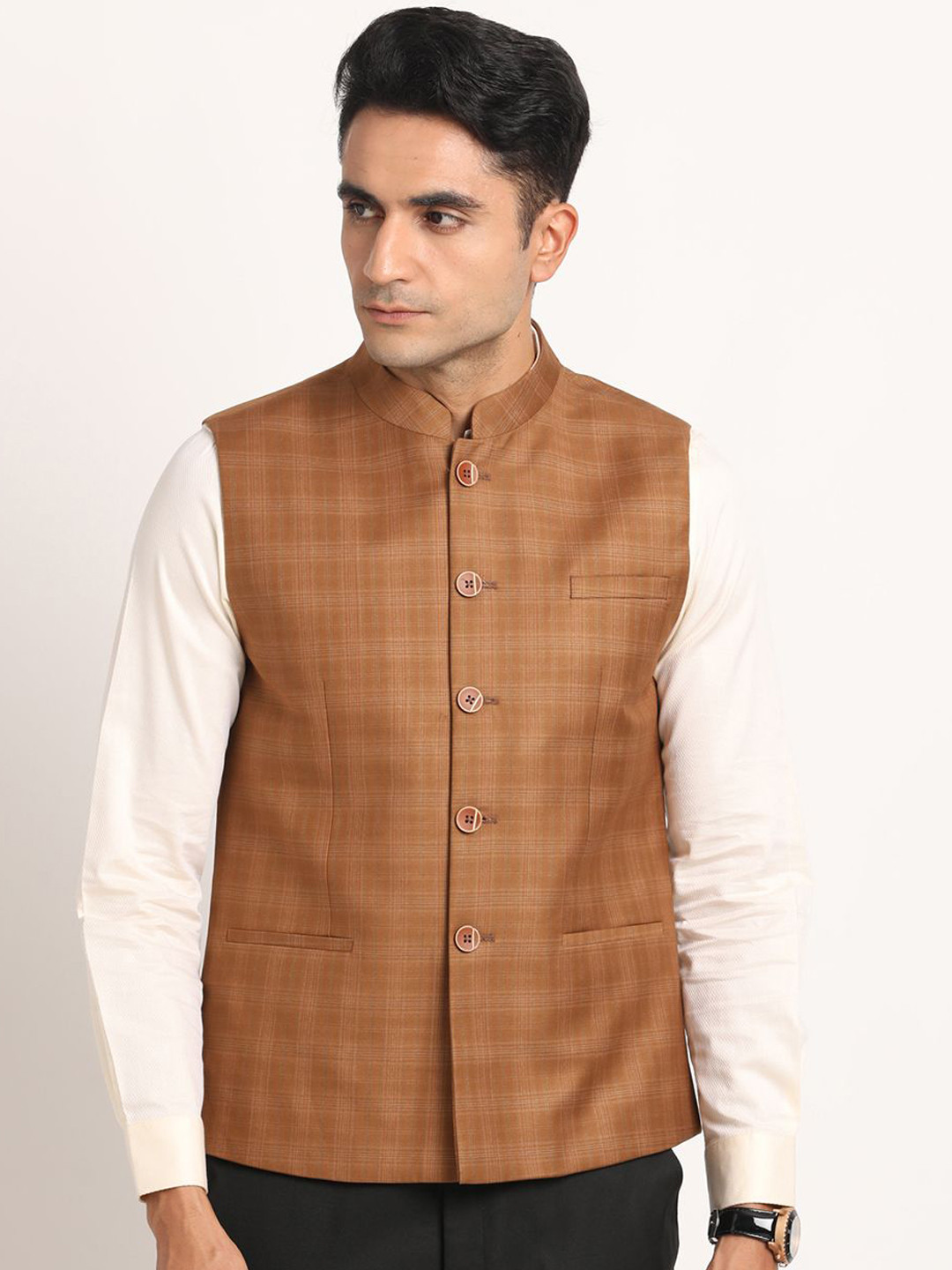 

Turtle Checkered Woven Nehru Jackets, Brown