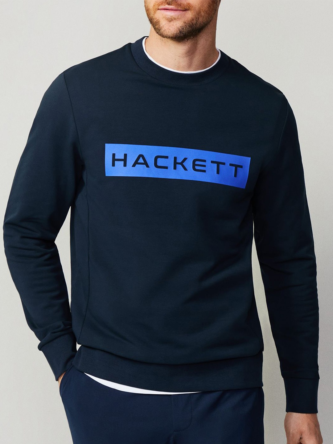 

HACKETT LONDON Men Typography Printed Round Neck Sweater, Navy blue