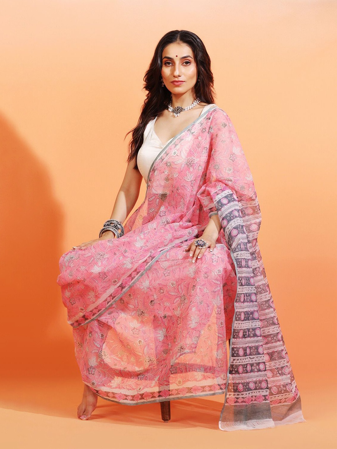 

ADITRI Handloom Floral Printed Pure Cotton Kota Saree, Pink